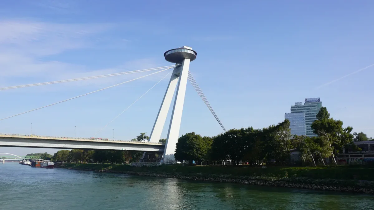 The UFO viewing platform on the National Uprising Bridge in Bratislava.