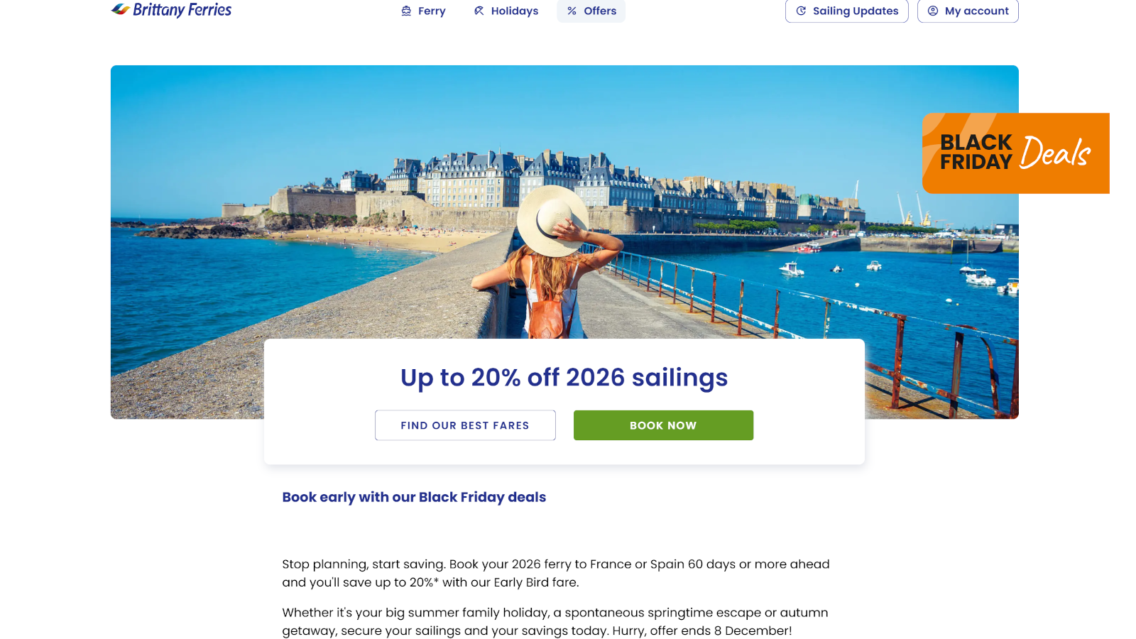 Brittany Ferries Black Friday offer with 20% discount.