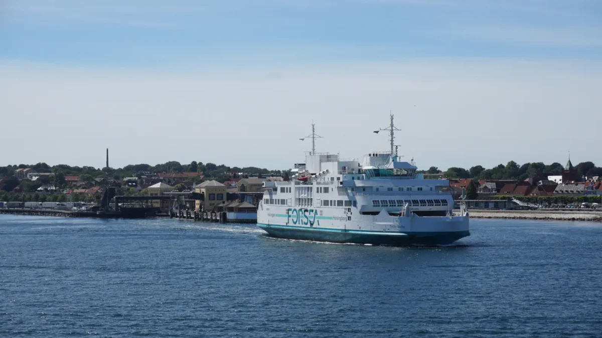 The Ferry Tycho Brahe leaves the ferry port of Helsingör for Helsingborg in Sweden.