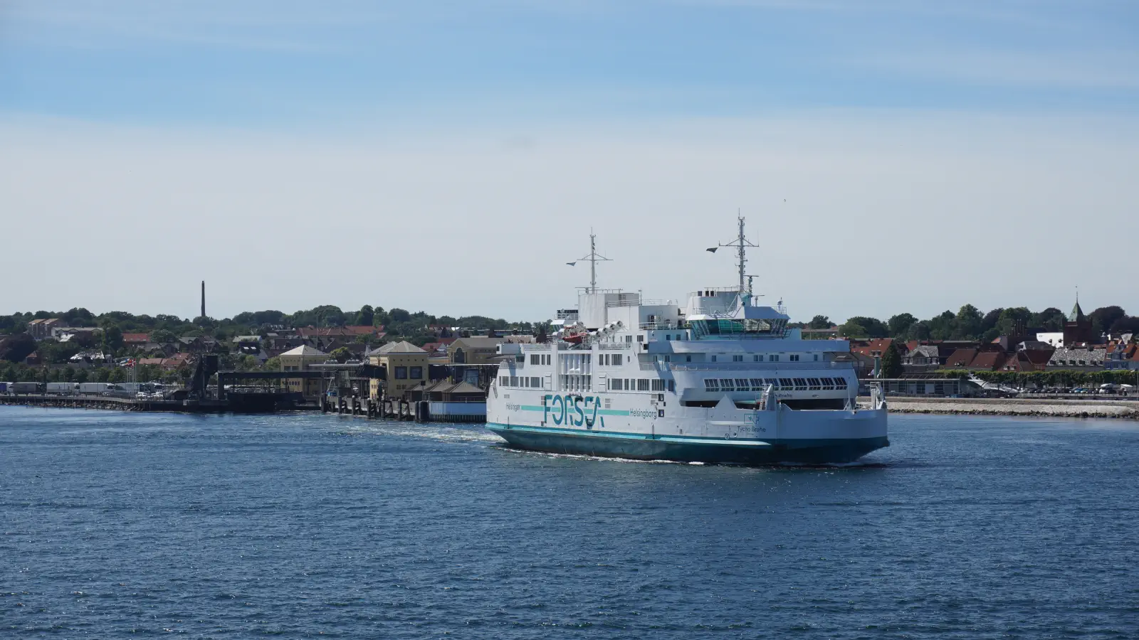 The Ferry Tycho Brahe leaves the ferry port of Helsingör for Helsingborg in Sweden.