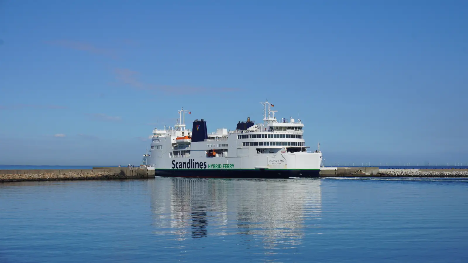 The Scandlines ferry MS Deutschland leaves the port of Puttgarden on Fehmarn.