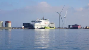The ferries Norröna from Smyril Line and the Fjord FSTR from Fjord Line in the port of Hirtshals.