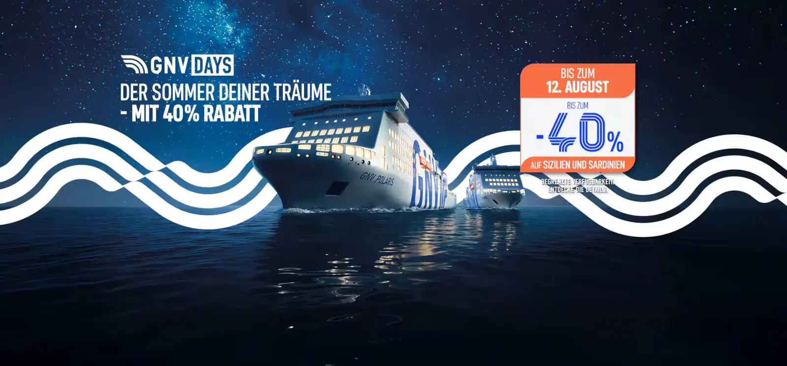GNV Days with 40% discount on Ferries to Sardinia and Sicily.