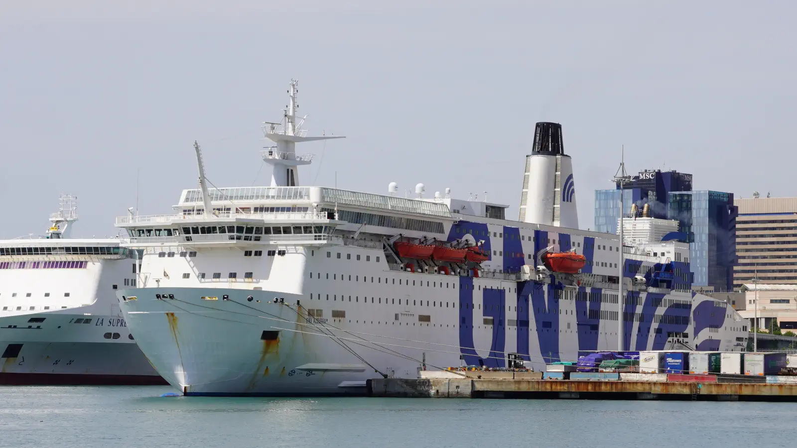 The GNV Ferry Azzurra in the port of Genoa.