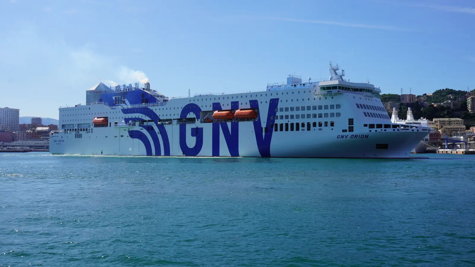 The new GNV Ferries GNV Orion docks in the port of Genoa.