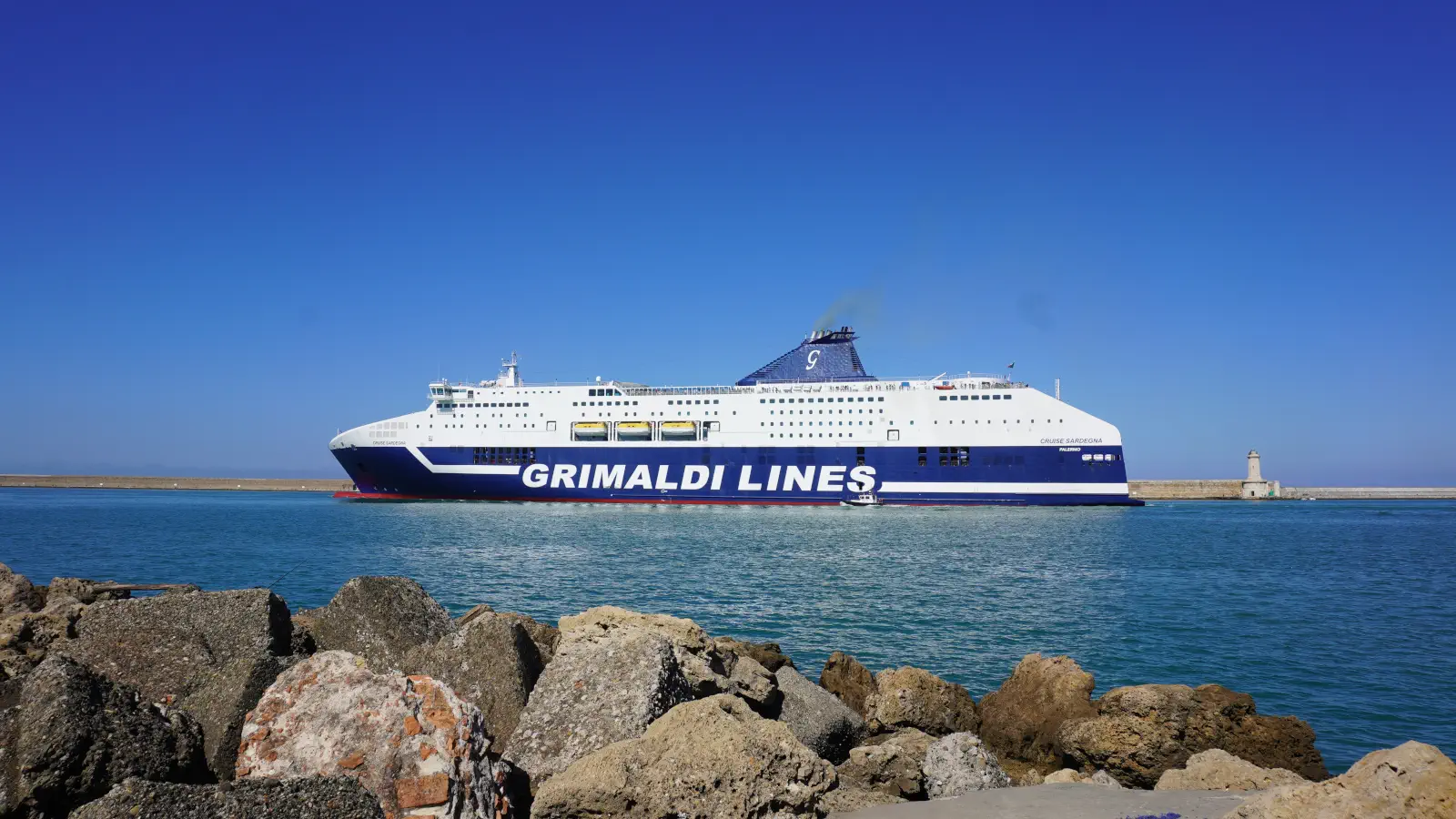 The Grimaldi Lines Ferry Cruise Sardegna leaves the port of Livorno.
