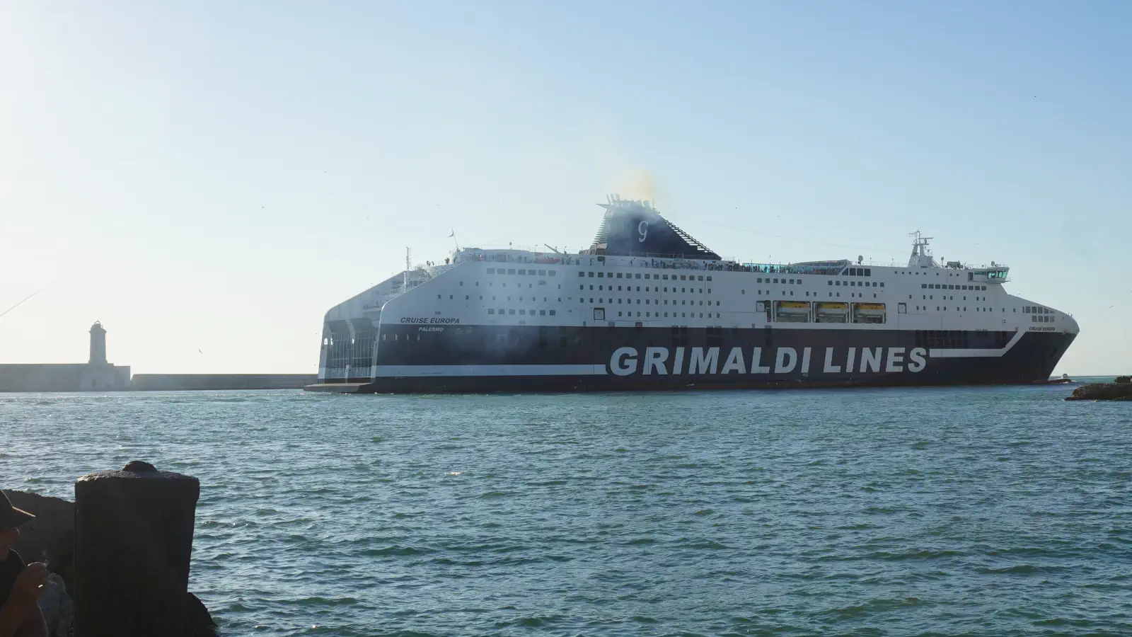The Grimaldi Lines Ferry MV Cruise Europa sails between Livorno and Olbia on the island of Sardinia. Here the Ferries is just entering the port of Livorno. 