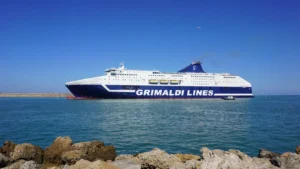 Grimaldi Lines The Grimaldi Lines Ferry MV Cruise Sardegna sails between Livorno and Olbia on the island of Sardinia.