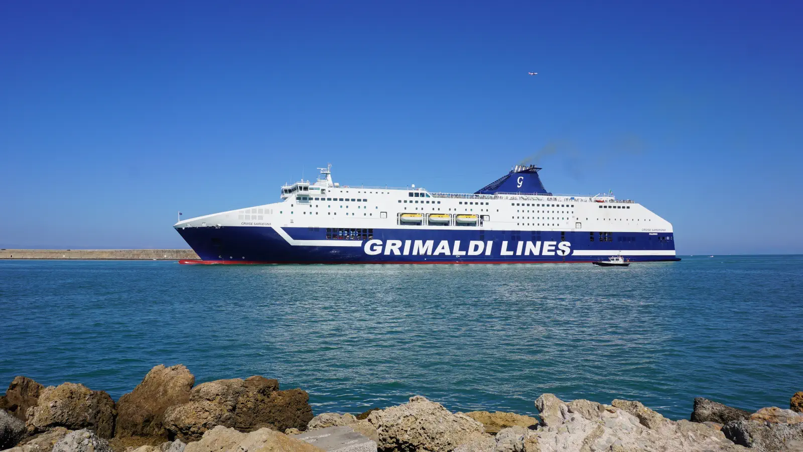 The Grimaldi Lines Ferry MV Cruise Sardegna sails between Livorno and Olbia on the island of Sardinia.