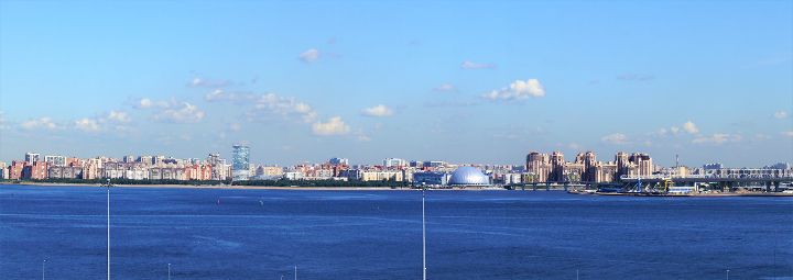 Panoramic view of the St. Petersburg skyline from a cruise ship