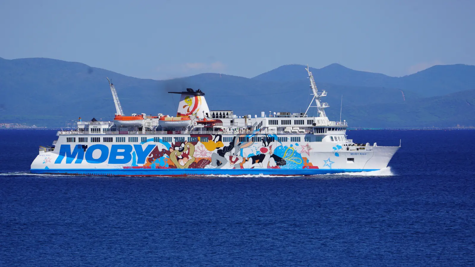 The Moby Lines Ferry Moby Kiss leaving the port of Piombino.
