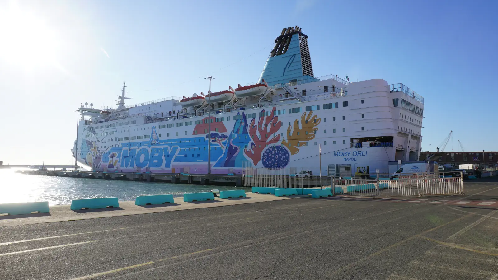 The Moby Lines ferry Moby Orli is loaded in the port of Livorno and then sails to Bastia in Corsica.