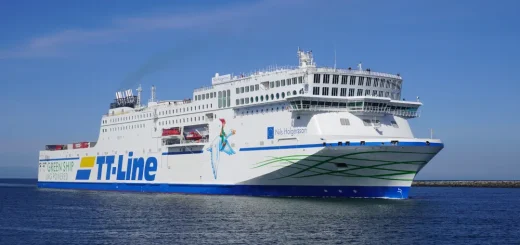 The new TT-Line Ferry Nils Holgersson coming from Trelleborg, entering the port of Rostock