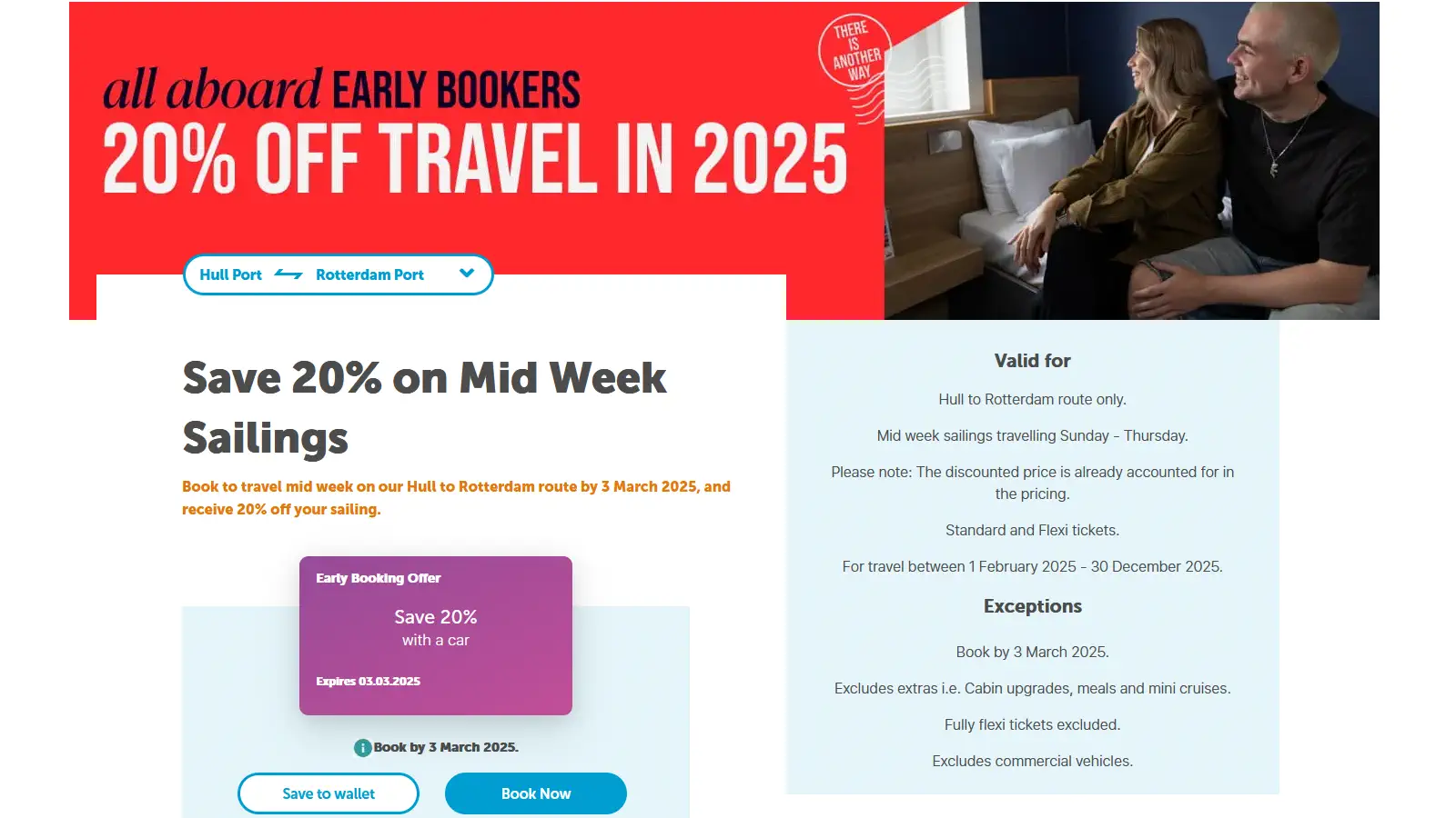 P&O Ferries early booking offers with up to 20% discount.