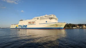 The TT-Line Ferry Peter Pan arrives in the port of Lübeck-Travemünde from Trelleborg.