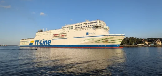 The TT-Line Ferry Peter Pan arrives in the port of Lübeck-Travemünde from Trelleborg.