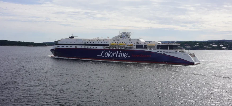 The Color Line Ferry SuperSpeed 1 in the port of Kristiansand departing for Hirtshals.