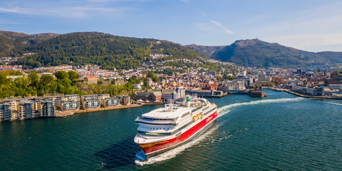 The Fjord Line Ferry MS Bergensfjord sails from Hirtshals via Kristiansand and Stavanger to Bergen.